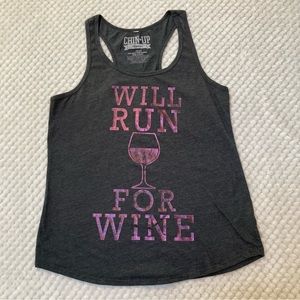 Chin Up Apparel graphic Tank Top “will run for wine” grey and purple, womens L